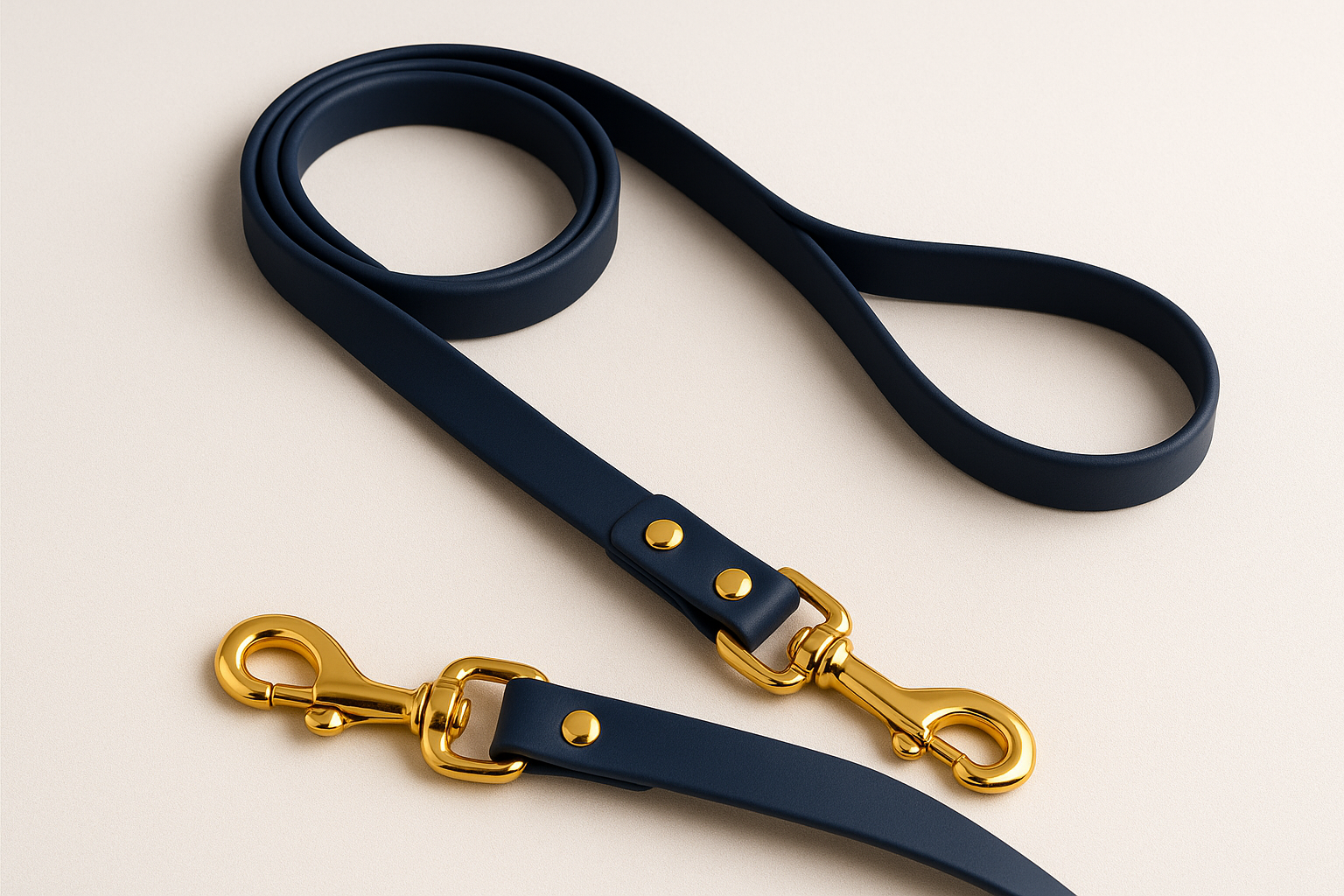 navy blue rubber leash with gold snap hook hardware