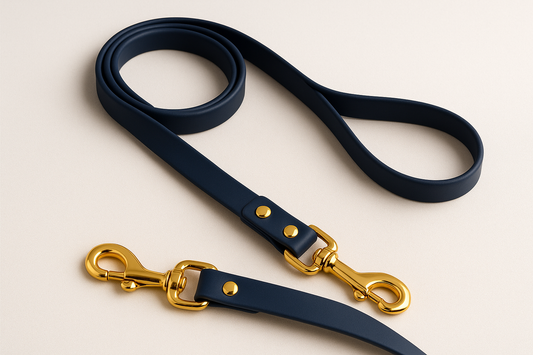 navy blue rubber leash with gold snap hook hardware