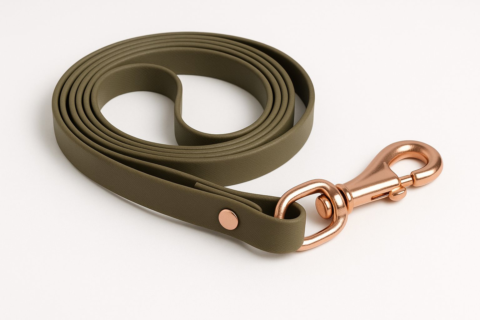 Photos of Khaki coloured rubber leash with rose gold snap hook