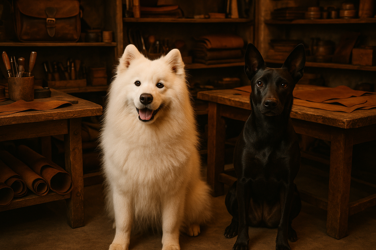 White Samoyed with a black Singapore special dog with a leather workshop background